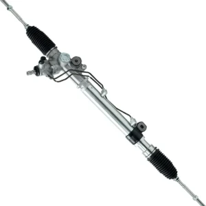 Automotive steering rack assembly with tie rods and protective accordion boots.