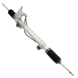 Automotive steering rack assembly with bellows boot and tie-rod ends, shown in metallic silver with black accordion boot at the ends